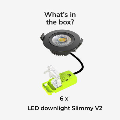 6-pack | LED Downlight Slimmy V2 Svart | 8W | CCT | 2700-3000K-4000K | IP65 | Dimbar | Värmeskydd