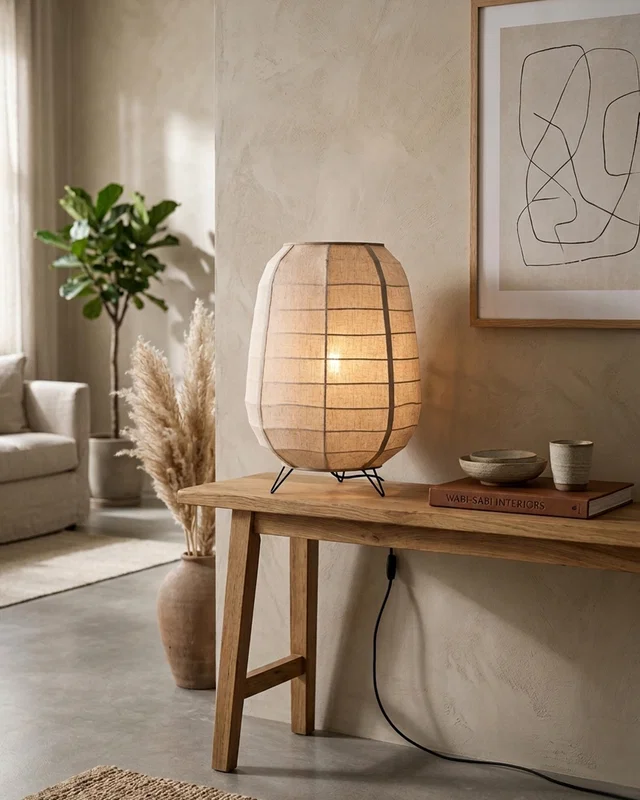 Skandinavisk bordslampa i linne och trä