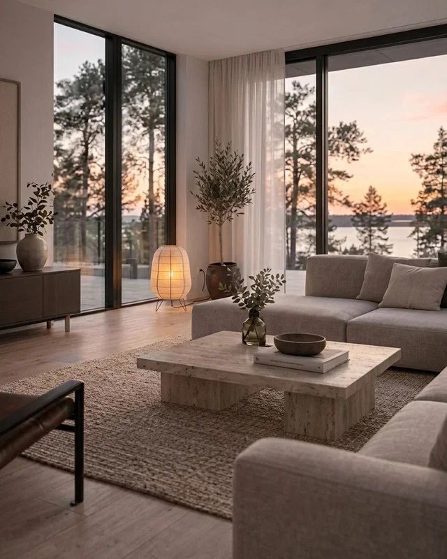 Skandinavisk golvlampa i linne och trä