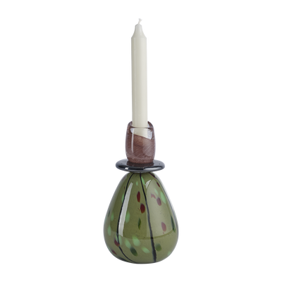 Elegant ljusstake i grönt och brunt glas, unik form och konstnärlig design