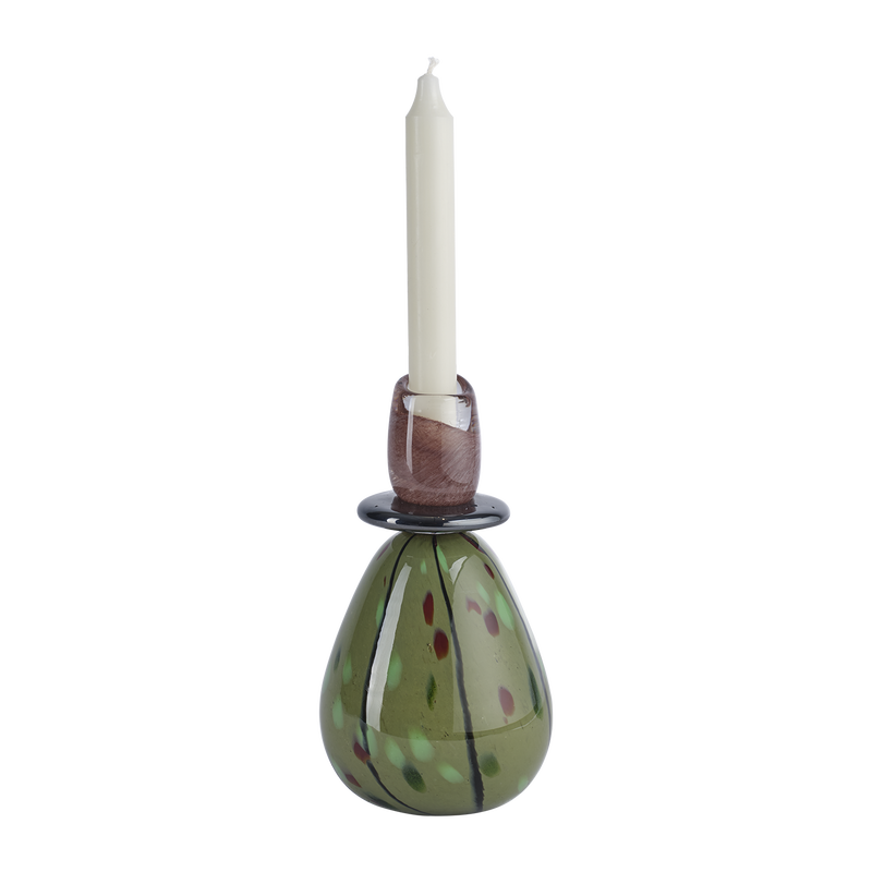 Elegant ljusstake i grönt och brunt glas, unik form och konstnärlig design