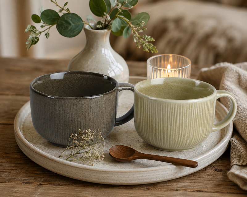 Tekoppar i beige och brunt