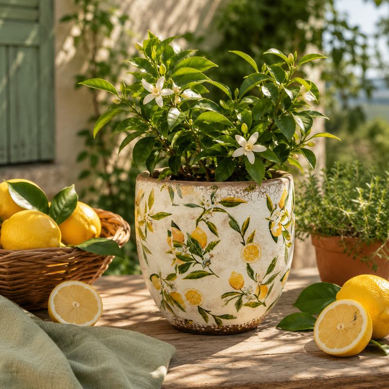 Lemona kruka på en vacker sommardag med växt i
