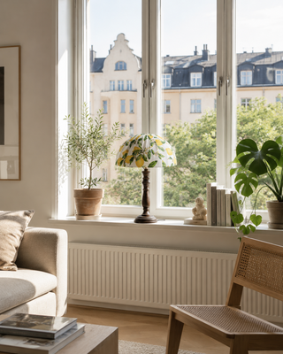 Dome lampskärm med citroner och westminister lampfot i ett härligt fönster i city