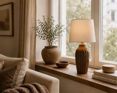 Brun bordslampa för fönster i vardagsrum
