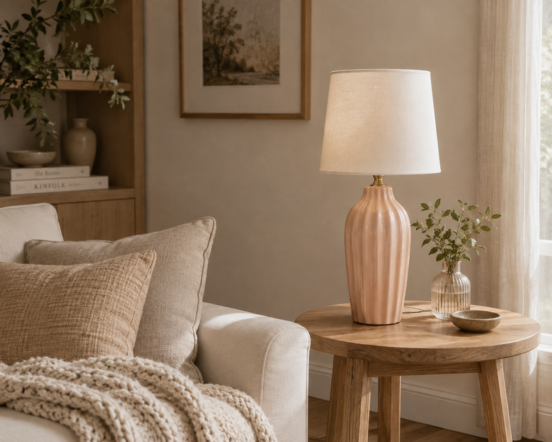 Ljusrosa Bordslampa i keramik och lampskärm i linne