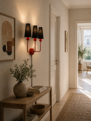 Röd vägglampa med svarta lampskärmar
