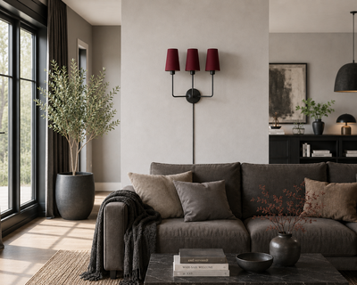 Valentina vägglampa svart med chintz avlång lampskärmar vinröd
