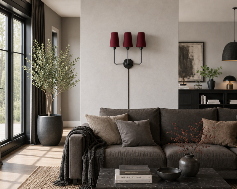 Valentina vägglampa svart med chintz avlång lampskärmar vinröd