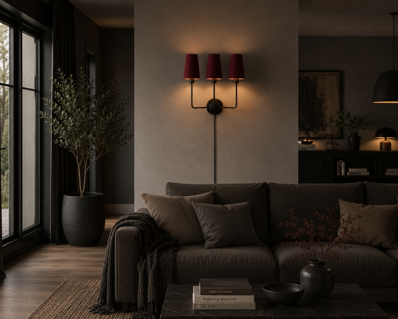 Valentina vägglampa svart med chintz avlång lampskärmar vinröd