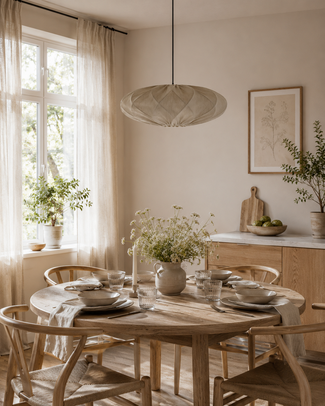 Beige, Ellips formad taklampa i ett ljust kök
