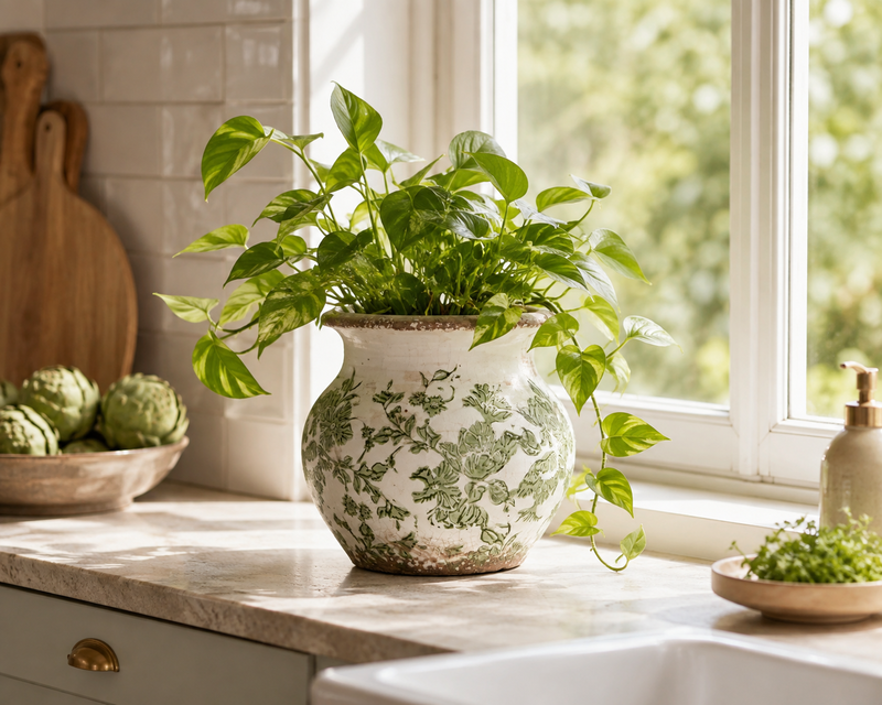 Rund formad kruka med gröna blad på