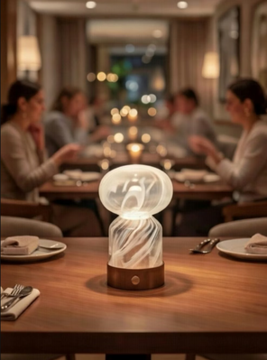 Portabel, exklusiv bordslampa i handblåst glas och rå koppar
