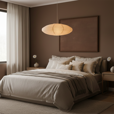 Stor beige taklampa i rispapper