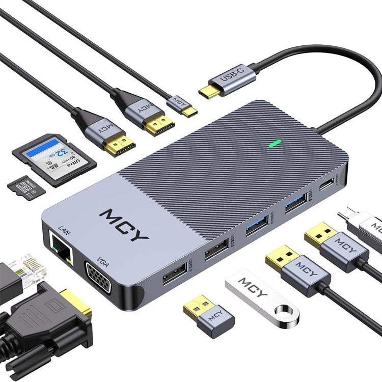 12-i-1 USB-C-hub med trippel bildskärmsstöd – 4K HDMI, VGA, Gigabit LAN & 85W PD