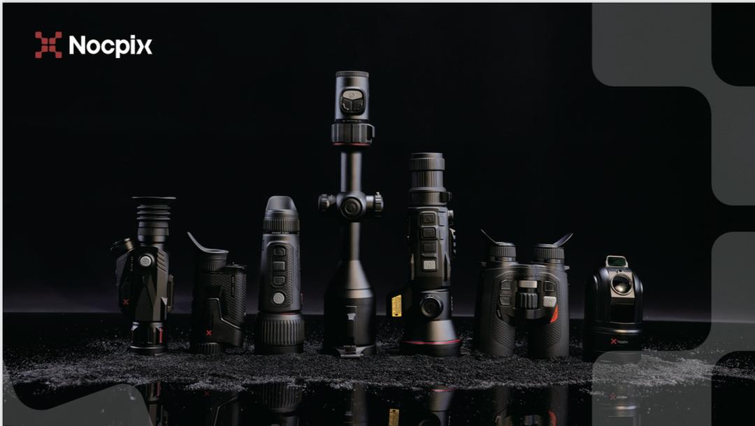 Bild på enheterna (namngivna från höger), SLIM (termiskt kikarsikte), LUMI (Termiskt monoklar), VISTA (Termiskt monoklar), ACE (termiskt kikarsikte), RICO 2 (termiskt kikarsikte), QUEST (termisk handkikare)samt MT (termisk kupolkamera)