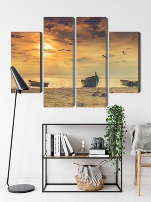 Ljuddämpande tavla - Boats on the beach at sunset