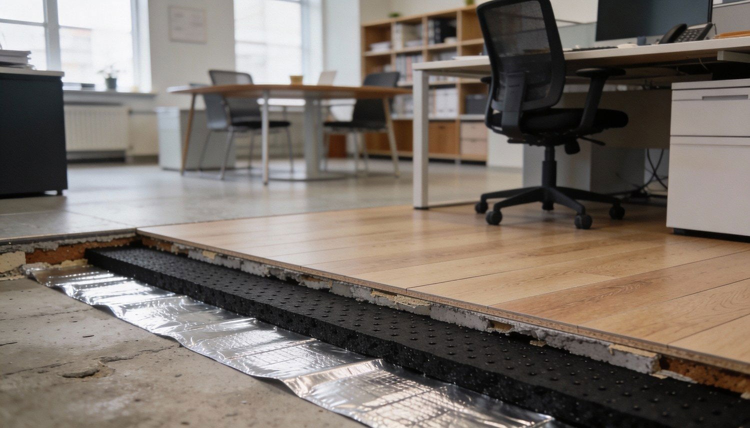Kunskapsportal om ljudisolering av golv i kontor som minskar steg- och vibrationsljud mellan rum och våningsplan.