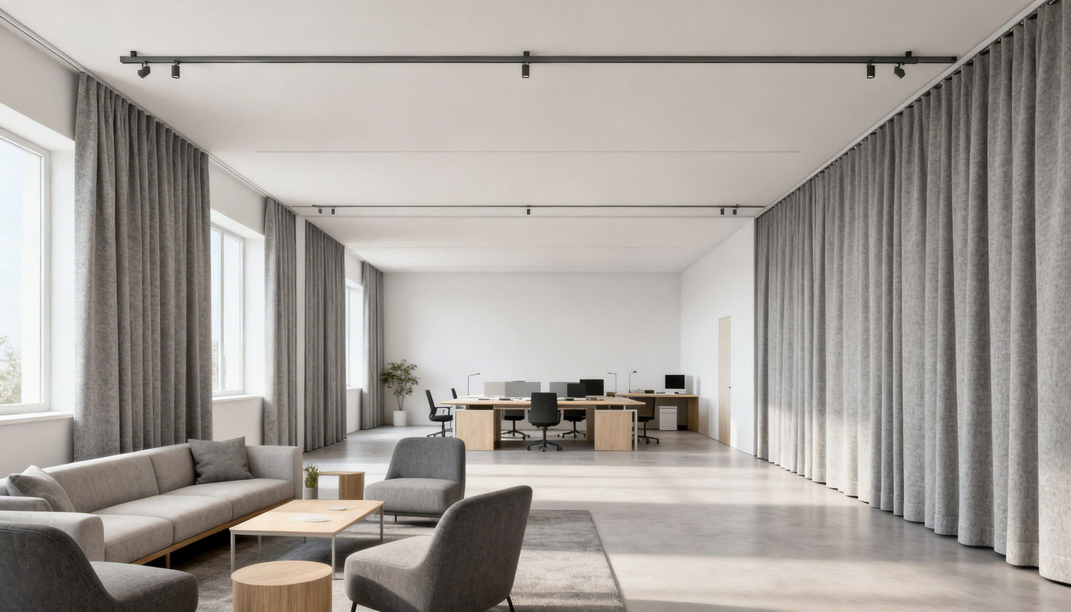 Ljudabsorbera med rumsavdelare i tyg i restaurang