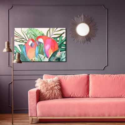 Ljuddämpande tavla - Parrots and tropical leaves