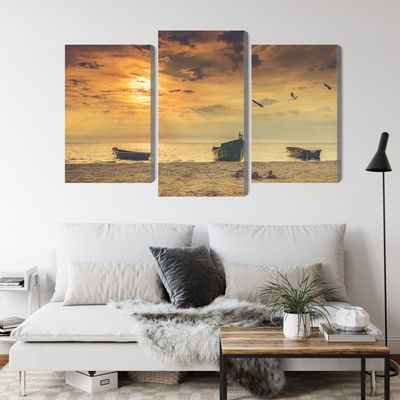 Ljuddämpande tavla - Boats on the beach at sunset