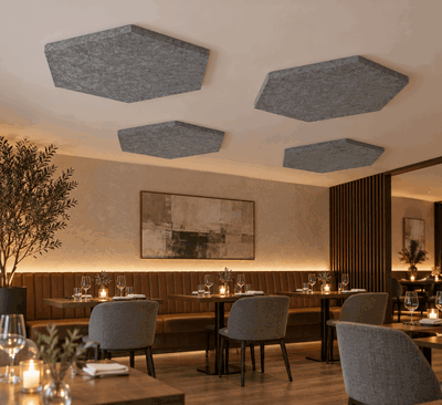 Ljudabsorbering till tak - PES hexagon ceiling