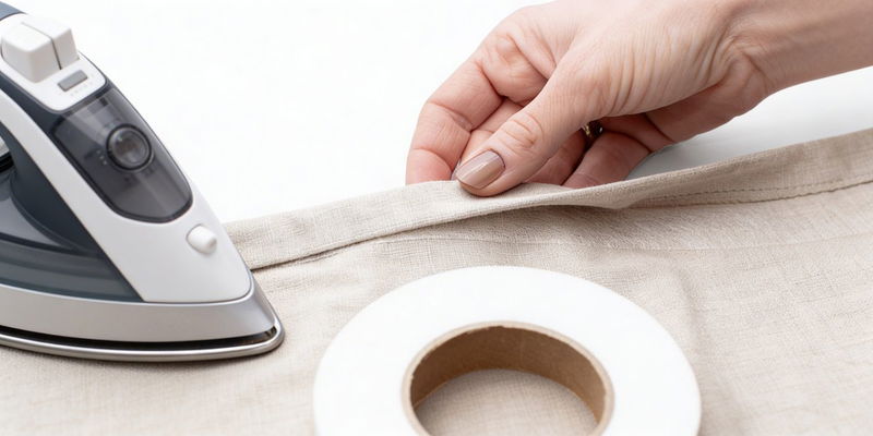 SilentDirect fållband – strykbart snabbfållband som används med strykjärn för att enkelt fålla beige tyg utan sömnad