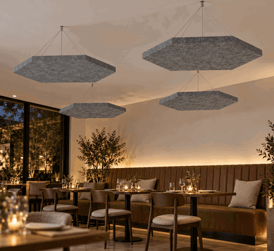 Ljudabsorbering till tak - PES hexagon ceiling