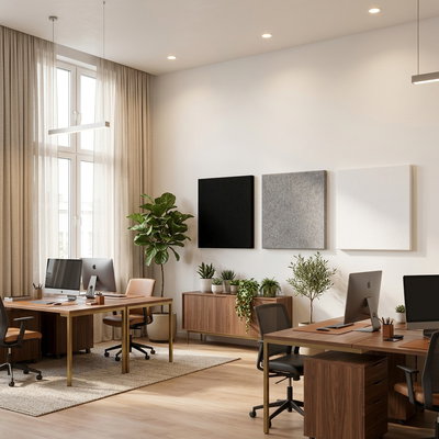 SilentDirect PES Wall wall absorbers (50 mm) installed in a modern work environment