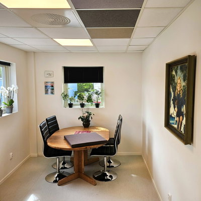 SilentDirect PES Fabric 592x592 -äänieristyslevyt, asennettuina kokouspöydän yläpuolelle alakattoon