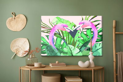 Ljuddämpande tavla - Flamingos and tropical leaves
