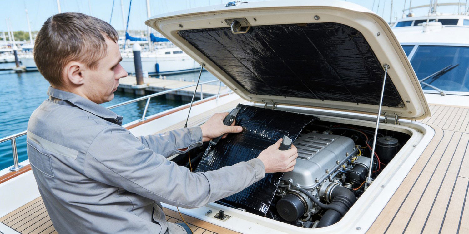 Ljudisolering och ljuddämpning i motorutrymme på båt med isoleringsmattor i flera lager