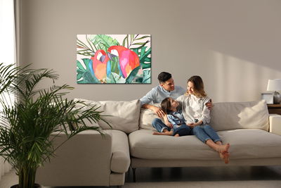 Ljuddämpande tavla - Parrots and tropical leaves