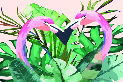 Ljuddämpande tavla - Flamingos and tropical leaves