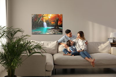 Ljuddämpande tavla - Waterfall in autumn forest 3d