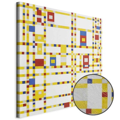 Schuin productaanzicht van Piet mondrian broadway. Het motief loopt door over de randen van het canvas. Een ronde detailopname toont het reliëf van het geloppervlak.