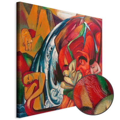 Schuin productaanzicht van Franz marc the waterfall. Het motief loopt door over de randen van het canvas. Een ronde detailopname toont het reliëf van het geloppervlak.