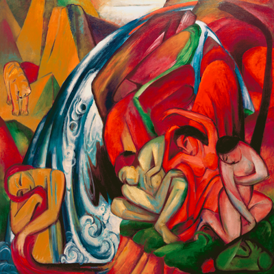 Vooraanzicht van Franz marc the waterfall. De volledige gedrukte compositie is te zien zonder het schuine productaanzicht of de detailopname van het geloppervlak.