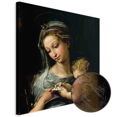 Schuin productaanzicht van Rafael santi the virgin of. Het motief loopt door over de randen van het canvas. Een ronde detailopname toont het reliëf van het geloppervlak.