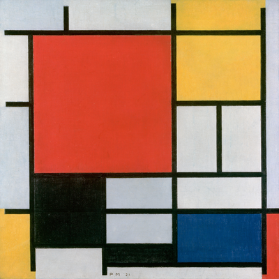 Vooraanzicht van Piet mondrian composition. De volledige gedrukte compositie is te zien zonder het schuine productaanzicht of de detailopname van het geloppervlak.