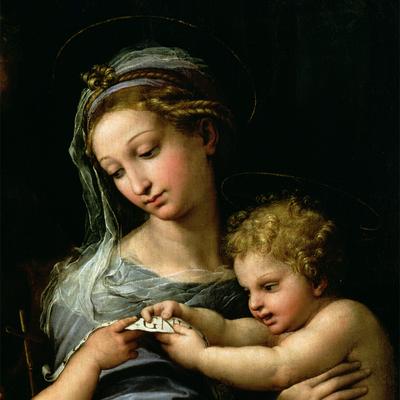 Vooraanzicht van Rafael santi the virgin of. De volledige gedrukte compositie is te zien zonder het schuine productaanzicht of de detailopname van het geloppervlak.