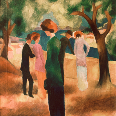 Vooraanzicht van August macke lady in green. De volledige gedrukte compositie is te zien zonder het schuine productaanzicht of de detailopname van het geloppervlak.