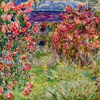 Vooraanzicht van Claude monet la maison dans. De volledige gedrukte compositie is te zien zonder het schuine productaanzicht of de detailopname van het geloppervlak.
