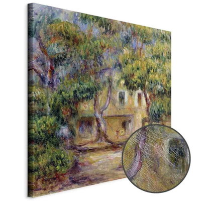 Schuin productaanzicht van Pierre-auguste renoir the. Het motief loopt door over de randen van het canvas. Een ronde detailopname toont het reliëf van het geloppervlak.