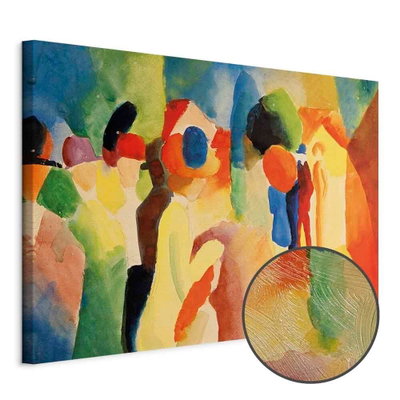 Schuin productaanzicht van August macke with a yellow. Het motief loopt door over de randen van het canvas. Een ronde detailopname toont het reliëf van het geloppervlak.