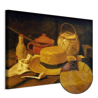 Schuin productaanzicht van Vincent van gogh still life. Het motief loopt door over de randen van het canvas. Een ronde detailopname toont het reliëf van het geloppervlak.