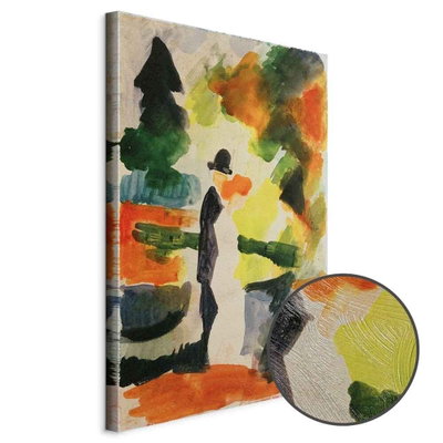Schuin productaanzicht van August macke paar im park. Het motief loopt door over de randen van het canvas. Een ronde detailopname toont het reliëf van het geloppervlak.