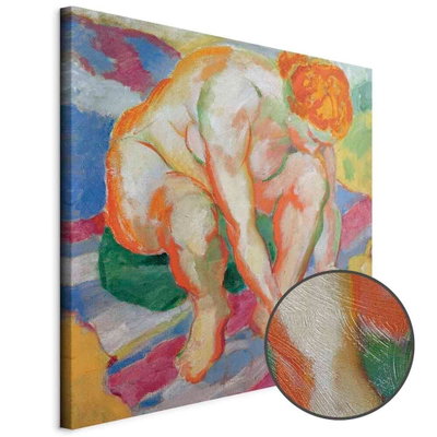 Schuin productaanzicht van Franz marc nude with cat. Het motief loopt door over de randen van het canvas. Een ronde detailopname toont het reliëf van het geloppervlak.