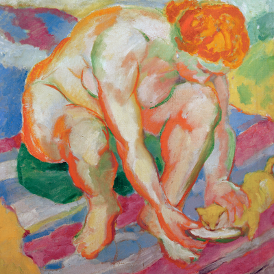 Vooraanzicht van Franz marc nude with cat. De volledige gedrukte compositie is te zien zonder het schuine productaanzicht of de detailopname van het geloppervlak.