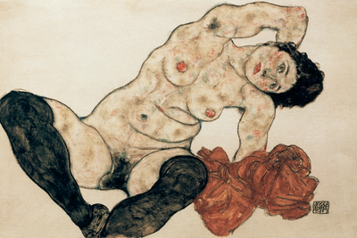 Vooraanzicht van Egon schiele liegender akt. De volledige gedrukte compositie is te zien zonder het schuine productaanzicht of de detailopname van het geloppervlak.